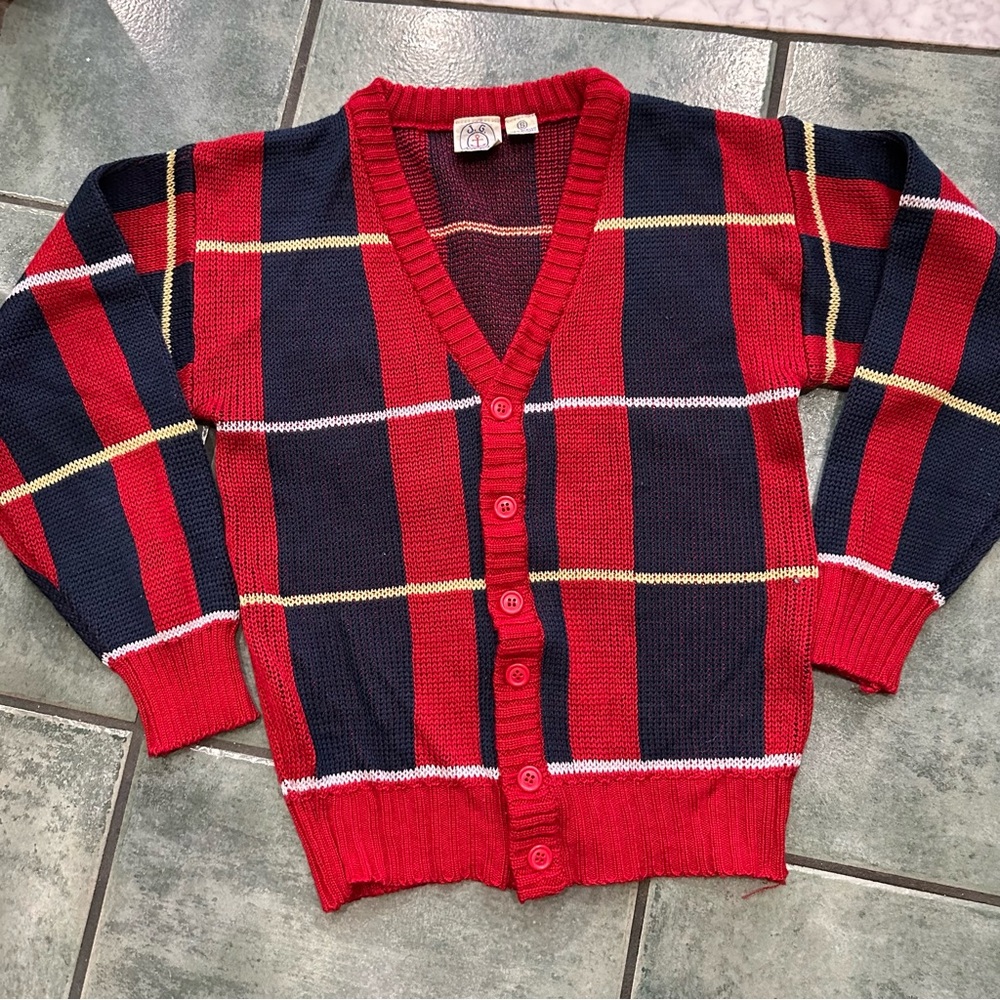 VTG 80s Retro J.G. Hook Red Plaid Chunky Knit Cardigan Sweater